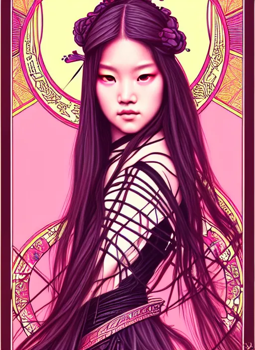 Image similar to jossi of blackpink, samurai, tarot card, highly detailed, digital painting, smooth, sharp focus, illustration, ultra realistic, 8 k, art by artgerm and alphonse mucha