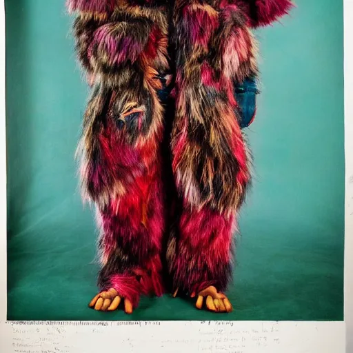 Image similar to a photography of a monstruous costum with big painted eyes and multiple layers of fabric and fur by charles freger