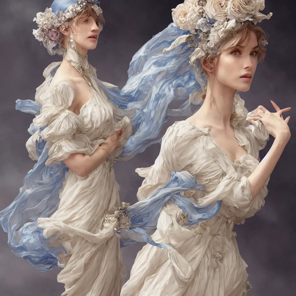 Prompt: woman dressed in a vaporous wrapped large victorian cream roses silk semi-transparent blue and cream dress fashion is running D&D, fantasy, intricate, elegant, highly detailed, digital painting, artstation, concept art, matte, sharp focus, illustration, art by Artgerm and Greg Rutkowski and Alphonse Mucha, UHD