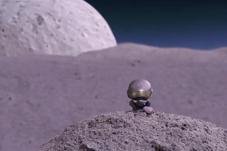 Image similar to vfx movie scene closeup adorable curios tiny little baby alien creature in moon desert eating a rock. by emmanuel lubezki