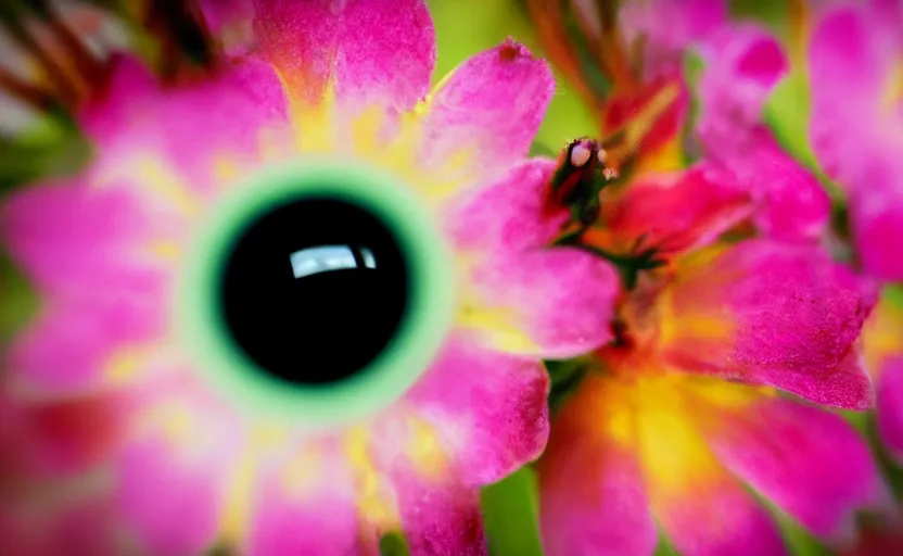 Image similar to macro depth of field beautiful flowers with cyborg eyes in the middle