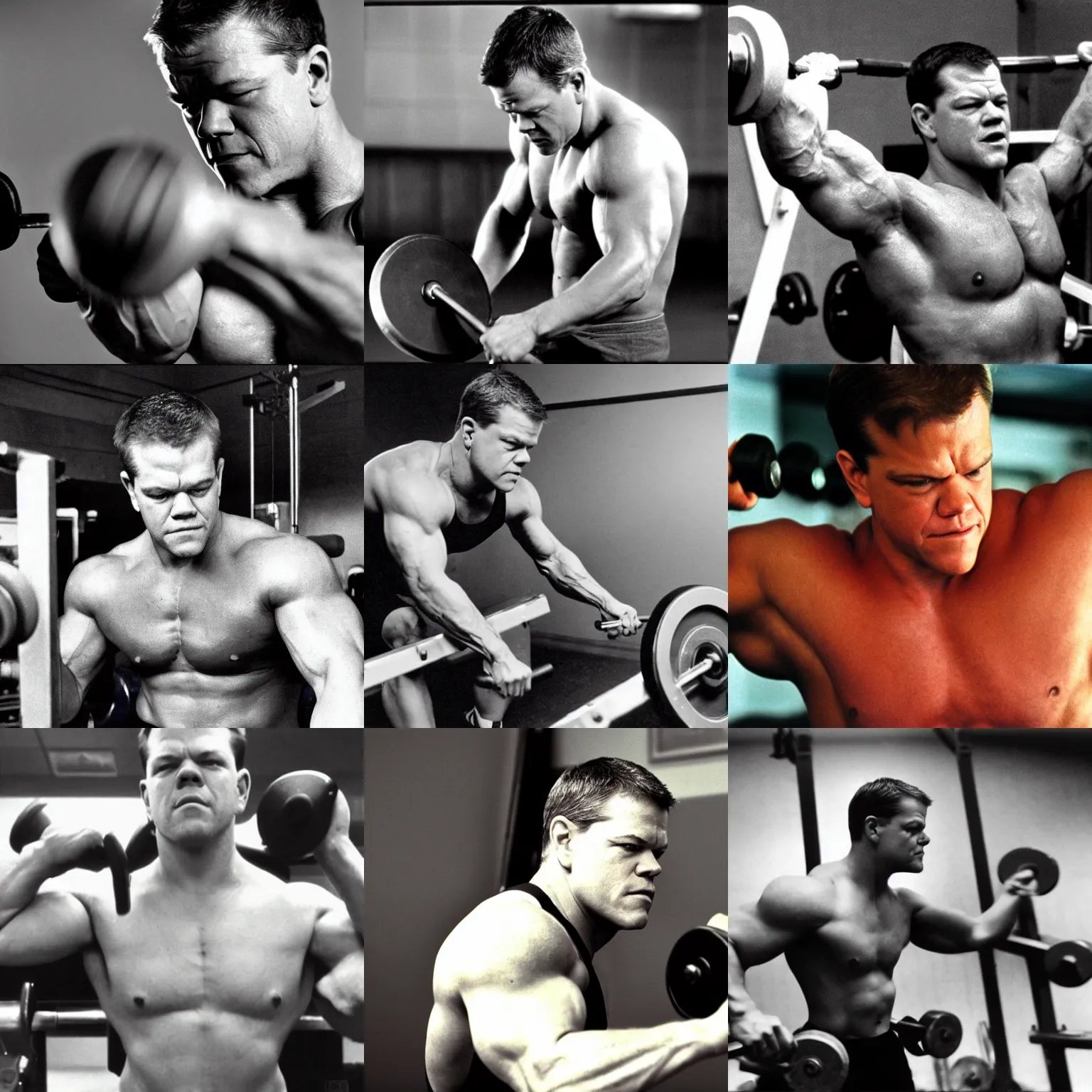 Prompt: close up mid shot!! real photograph, very muscular matt damon pumping iron, documentary still photograph, vintage