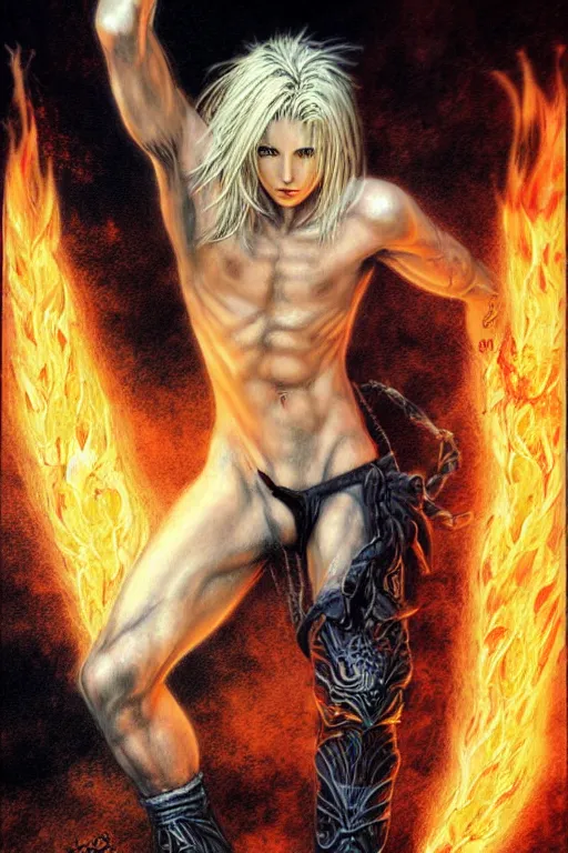 Image similar to character art by luis royo, young man, blonde hair, on fire, fire powers