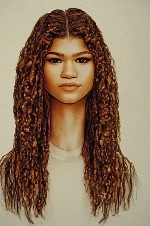 Image similar to a portrait of zendaya in the style of leonardo da vinci drawing,, single head, no double head,