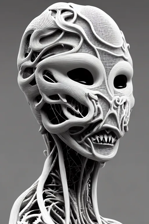 Image similar to bw 3 d render, hyper detailed, stunning beautiful biomechanical albino maniac cyborg with a porcelain profile face, beautiful natural soft rim light, big leaves and stems, roots, fine foliage lace, alexander mcqueen, studio ghibli, herge, art nouveau fashion embroidered, steampunk, silver filigree details, hexagonal mesh wire, mandelbrot fractal, 8 k