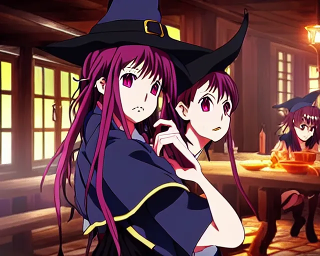 Image similar to key anime visual portrait of a young female witch in a tavern interior defending a companion, dynamic pose, dynamic perspective, cinematic, dramatic lighting.