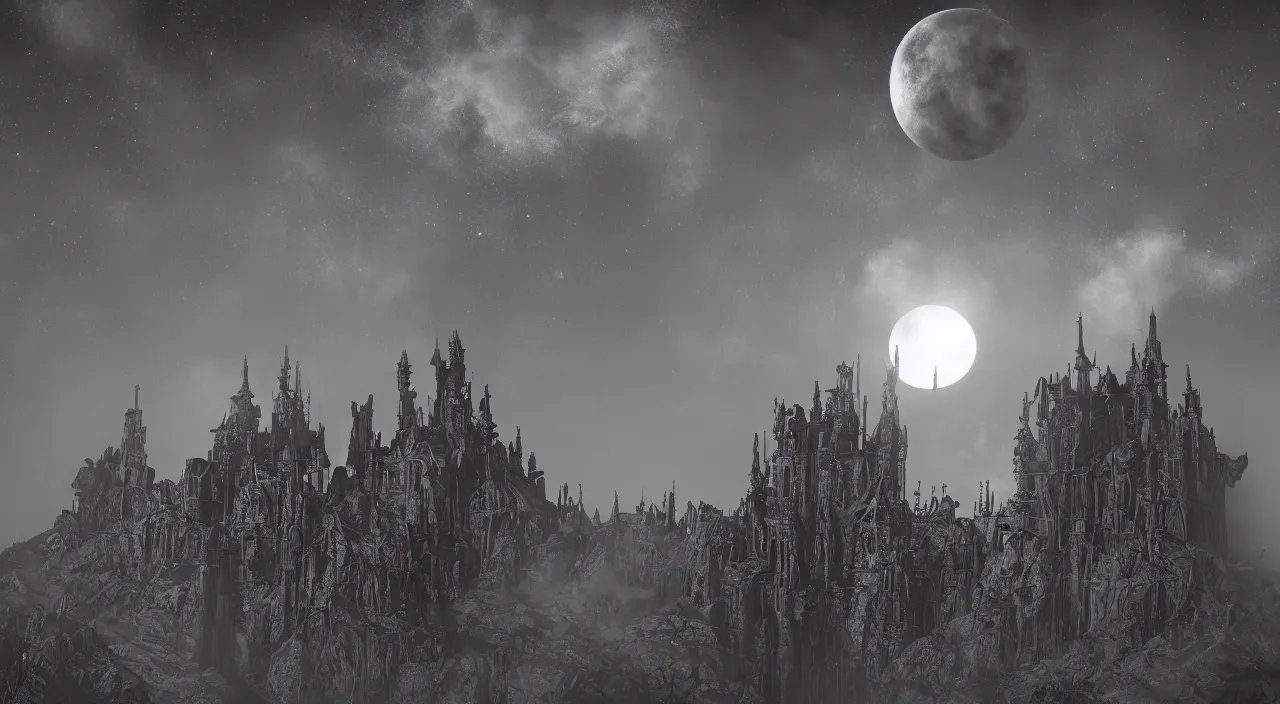 Prompt: a massive scifi gothic castle in the center of a crater, gases fume from the grey earth as moons shine in the sky