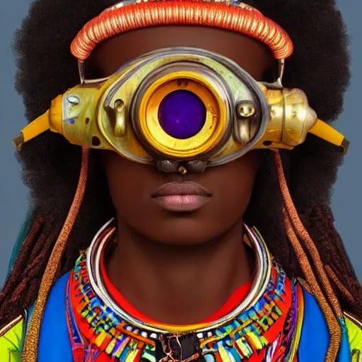 Image similar to colourful vfx upper half - portrait - art of a nigerian tribal chief wearing steam punk goggles, art by utagawa kunisada & james jean, symmetrical, intricate detail, concept art, volumetric light, ray tracing, caricature, digital illustration, octane 3 d render, unreal engine, sharp, 8 k post process, pinterest, behance, art station,