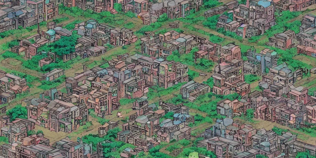Image similar to screenshot from a studio ghibli anime movie about a forest city, kowloon walled city, ruined buildings, animals and robots