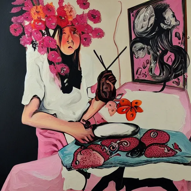 Image similar to a portrait in a female artist's bedroom, black walls, emo girl eating pancakes, sheet music on fire, berries, surgical supplies, handmade pottery, flowers, sensual, octopus, neo - expressionism, surrealism, acrylic and spray paint and oilstick on canvas