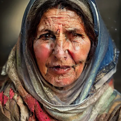 Image similar to hyperrealistic mixed media high resolution image of a beautiful Kurdish grandmother, stunning 3d render inspired art by István Sándorfi and Greg Rutkowski and Unreal Engine, perfect symmetry, dim volumetric lighting, 8k octane beautifully detailed render, post-processing, extremely hyper-detailed, intricate, epic composition, highly detailed attributes, highly detailed atmosphere, full body shot, cinematic lighting, masterpiece, trending on artstation, very very detailed, masterpiece, stunning, flawless structure, lifelike texture, perfection,