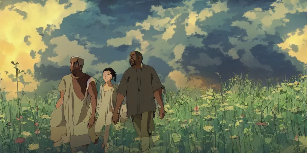 Image similar to kanye west in a studio ghibli movie, movie still frame, anime art style, studio ghibli, 4 k, 8 k