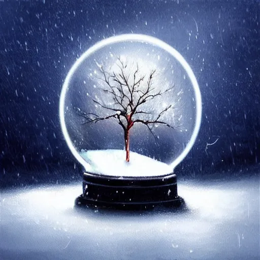 Prompt: a snow globe with a lightning storm inside. Atmospheric, beautiful oil painting trending on artstation. Rich colors, dramatic lighting