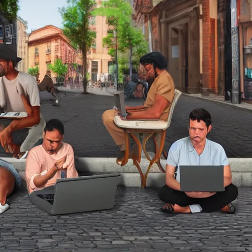 Image similar to a group of realistic bums using laptops near on street, highly detailed, intricate, sharp focus, digital art, 8 k