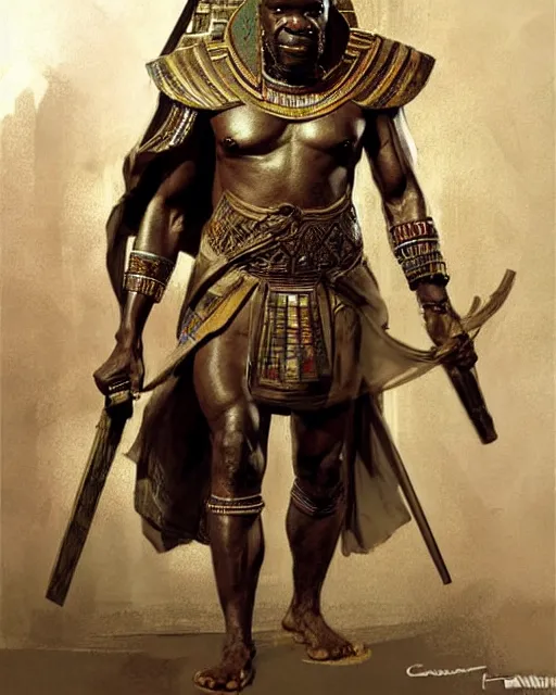 Image similar to concept art by anders zorn and craig mullins depicting djimon hounsou as a temple guard dressed in ancient egyptian decorative armor