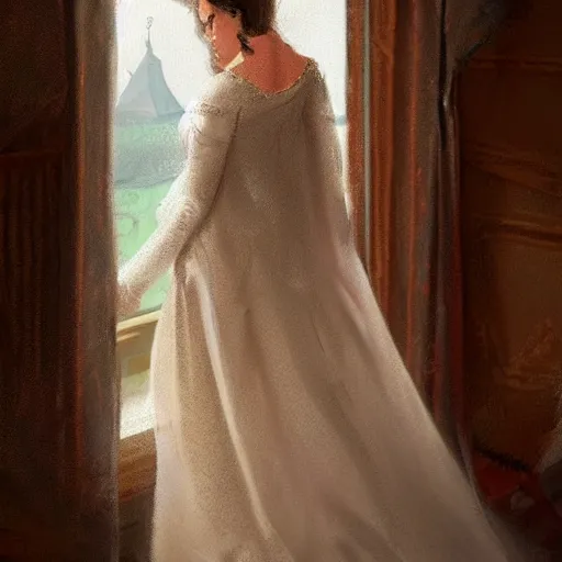 Image similar to a woman in an open dress royal dress looking out a castle window, ArtStation trending, detailed, digital art, calm colors,