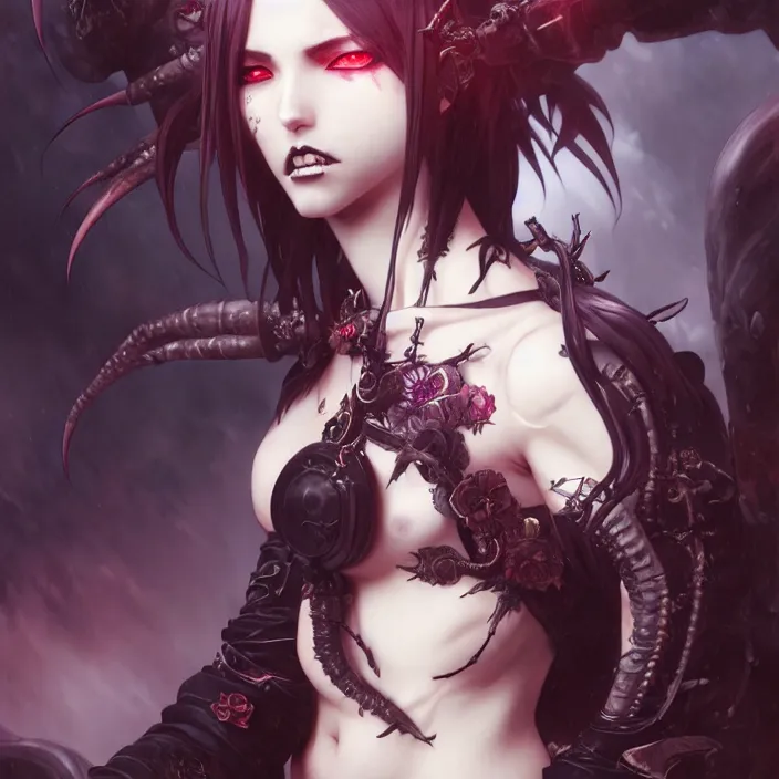 Image similar to anime female, fangs, goth, tattoos, leather, fantasy, intricate details, eerie, highly detailed, octane render, 8 k, art by artgerm and alphonse mucha and greg rutkowski