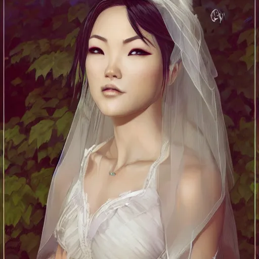 Image similar to cindy moon in a wedding dress, cg animation, riot entertainment, arcane, realistic, character select portrait, by artgerm, greg rutkowski, alphonse mucha, 3 d