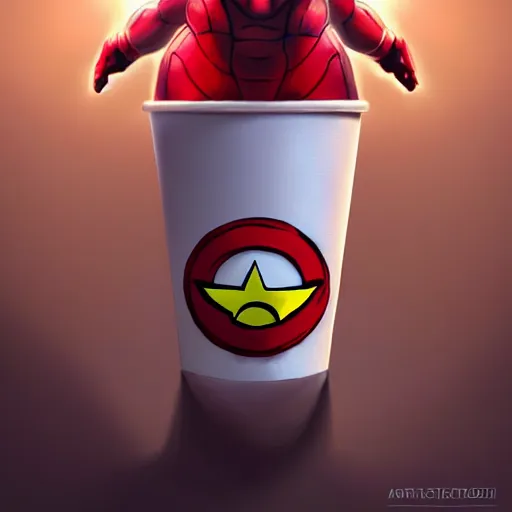 Image similar to white red paper cup as a cartoon character, superhero!!!, hyperrealistic, highly detailed, cinematic, volumetric sunlight, beautiful, cgssociety, artstation, 8 k, oil painting by greg rutkowski, by artgerm, by wlop