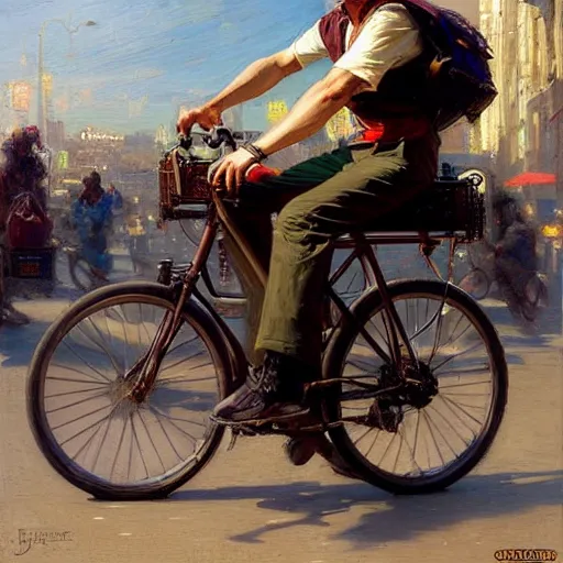 Prompt: uber eats delivery driver on a bicycle, very defined and highly detailed painting by gaston bussiere, j. c. leyendecker, craig mullins 8 k