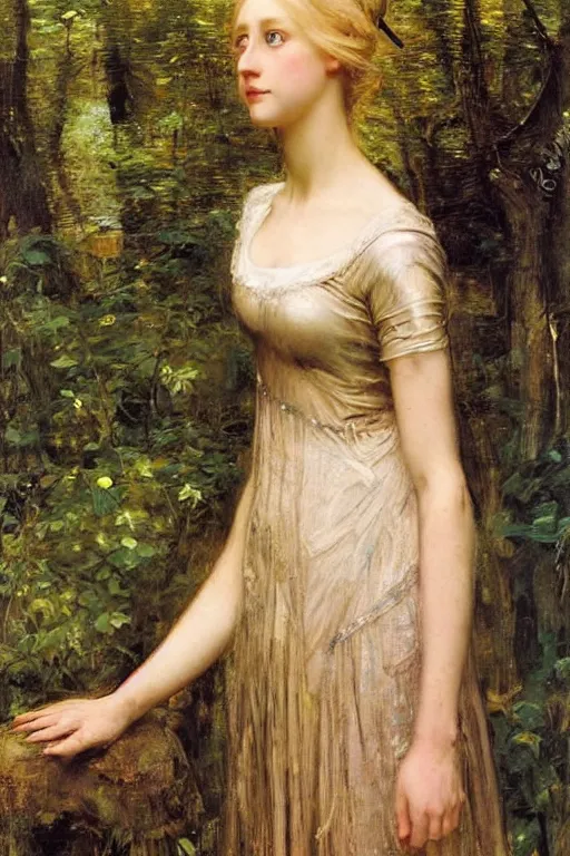 Prompt: portrait of a blue eyed, blonde haired crowned queen of summer with light elvish overtones and a forest background by John WIlliam Waterhouse