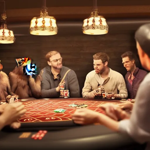 Image similar to a group of monkey's at a casino playing poker, Hyper Realism, realistic, cinematic lighting, ambient lights,