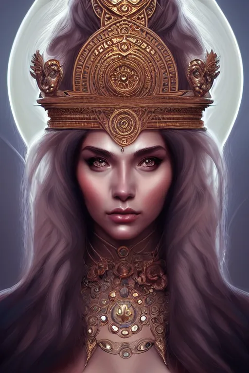 Image similar to portrait of the Goddess of Wisdom, elegant, intricate, full frontal shot, highly detailed, digital painting, artstation, concept art, sharp focus, illustration, art by artgerm