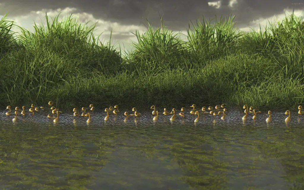 Prompt: one large duck swimming and many small ducklings in a row, 1 black duckling, in a pond, around trees, plants and rocks, bright sky, gray clouds, rays of light, dramatic atmosphere, reflections, highly detailed, cinematic lighting, perfect composition, 4 k, gustave dore, derek zabrocki, greg rutkowski, belsinski, octane render