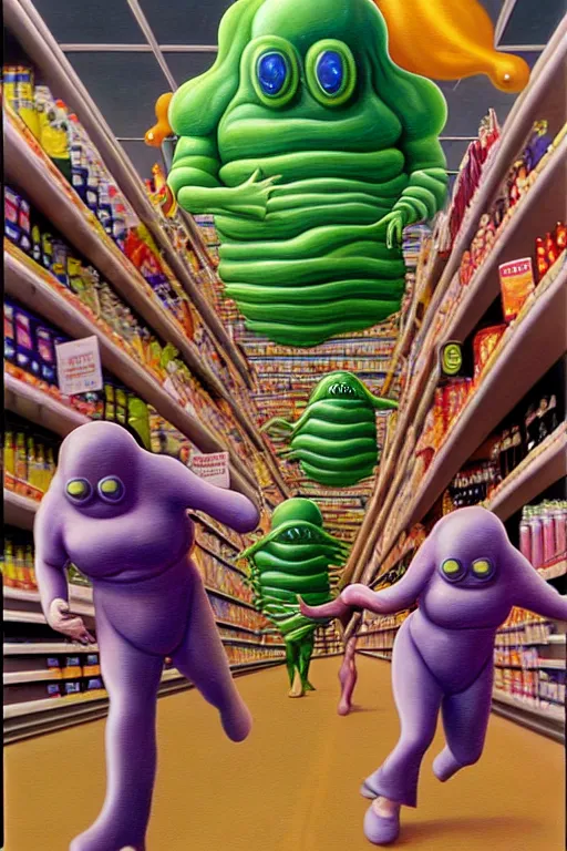 Image similar to a hyperrealistic painting of transparent blob creatures chasing people at the supermarket, by chris cunningham and richard corben, highly detailed, vivid color,