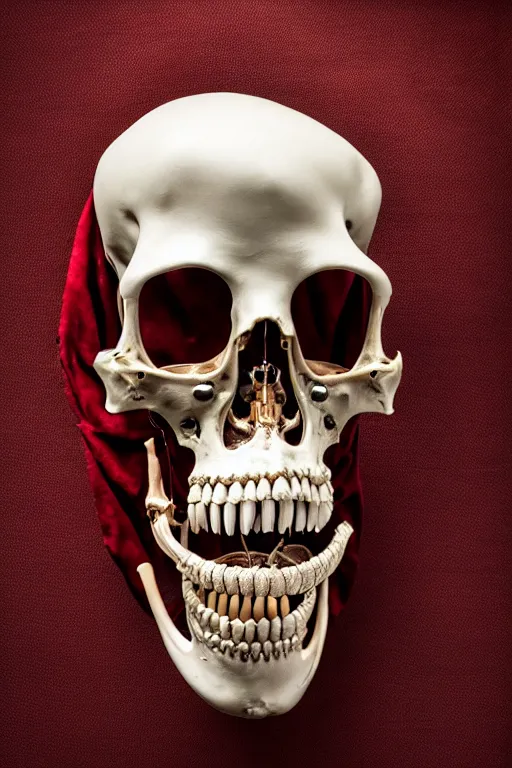 Prompt: a human mandible made with chrome, metallic sculpture, layed on a red velvet fabric, by hedi xandt and antonio corradini, vivaldi and emil melmoth macabre art, dark surrealism, epic and cinematic view, volummetric light, texturized, detailed, 8 k