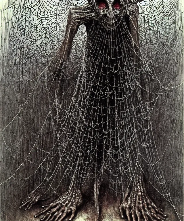 Image similar to a woman standing all covered in spiders. arachnophobia, fear of spiders, incredible number of spiders and bugs. extremely high details, spider paws and eyes, realistic, horror, creepy, web, masterpiece, art by zdzislaw beksinski, arthur rackham, dariusz zawadzki, hermann nitsch