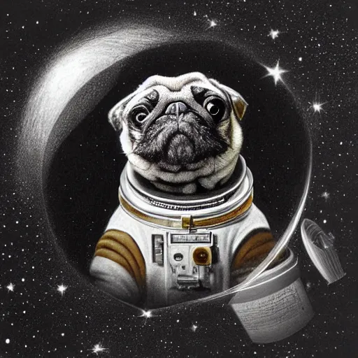 Image similar to pencil art, golden - ratio, spirals, highly detailed, astronaut pug in outer space by davinci.