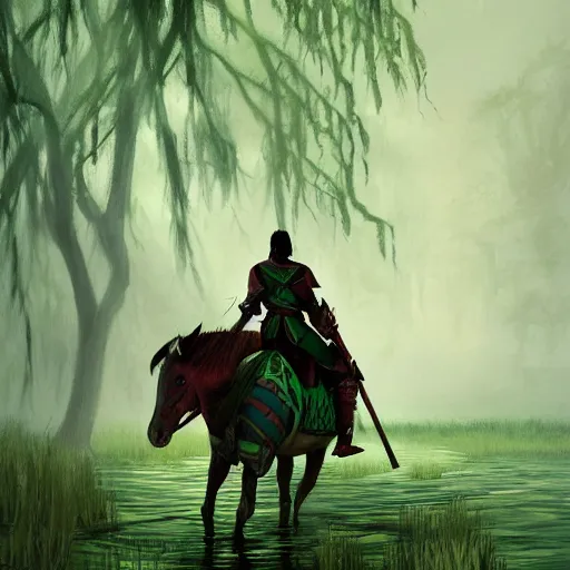 Image similar to A knight treking across a swamp with a caste in the background, green color scheme with hints of red, digital art, artstation, dramatic lighting, intricate, wild, highly detailed, digital painting, artstation, concept art, smooth, sharp focus, illustration, art by artgerm and greg rutkowski.