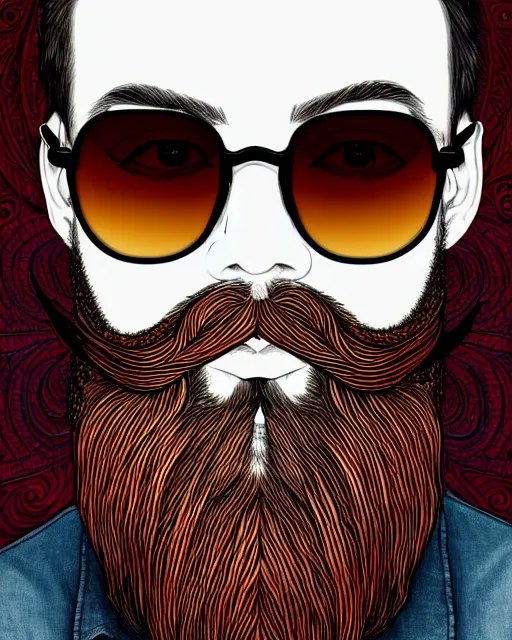 Prompt: detailed hipster skinny man with square sunglasses, long fire colored beard, dmt, by james gurney + intricate and vibrant work + portrait + trending on artstation + incredible gothic illustration + exquisite detail
