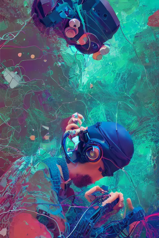 Prompt: epic 3 d abstract 🇵🇷 headset hacker, spinning hands and feet, 1 6 mm, plum and teal peanut butter melting smoothly into asymmetrical moss and fern, thick wires looping, robotic, kinetic, floating monitors, houdini sidefx, trending on artstation, by jeremy mann, ilya kuvshinov, jamie hewlett and ayami kojima