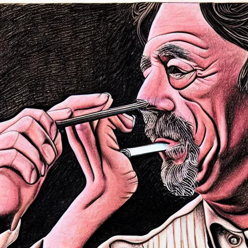 Image similar to Alan watts Smoking a pipe, drawn by alex grey