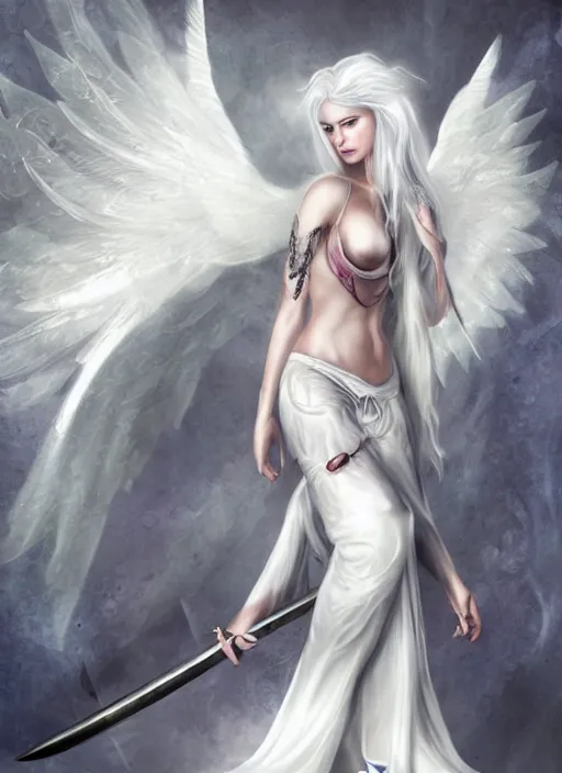 Prompt: a woman with white hair and wings holding a sword, a digital rendering by Anne Stokes, deviantart, fantasy art, deviantart hd, deviantart, angelic photograph