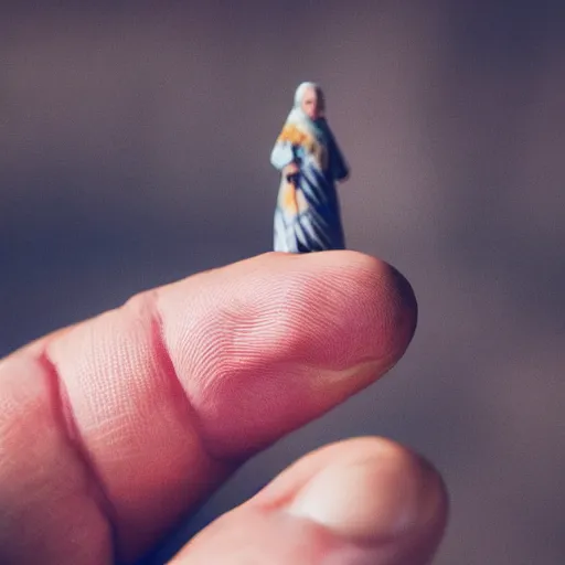 Prompt: miniature ancient old woman in palm of giant hand, short dof, macro photo, tiltshift, cutest, large head, tiny body, hyper realistic, minutely detailed, 8 k