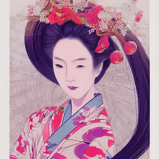 Image similar to the portrait of an unbelievably beautiful, elegant, sensual, and sophisticated young japanese geisha, an ultrafine detailed illustration by james jean, intricate linework, bright colors, final fantasy, behance contest winner, vanitas, angular, altermodern, unreal engine 5 highly rendered, global illumination, radiant light, detailed and intricate environment