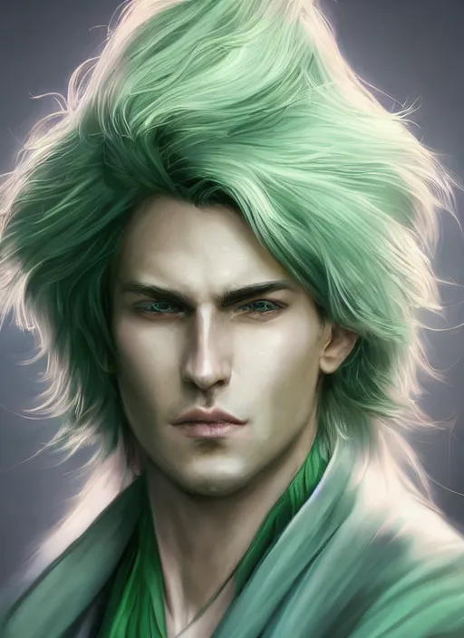 Prompt: a handsome man portrait, demeanour of a transcendent being, sage, character, closeup headshot, white long hair, wearing green robe, in the style of artgerm, wlop, alexis franklin, cgsociety, 8 k resolution, detailed