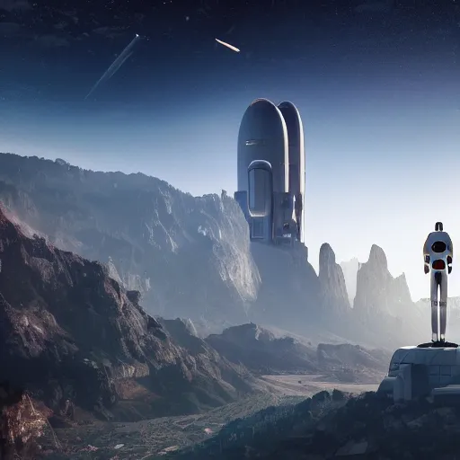 Image similar to a huge sci - fi city with a robotic man standing portrait in front of the image on a mountain, 4 k photorealistic, 8 k, nasa, space, stars