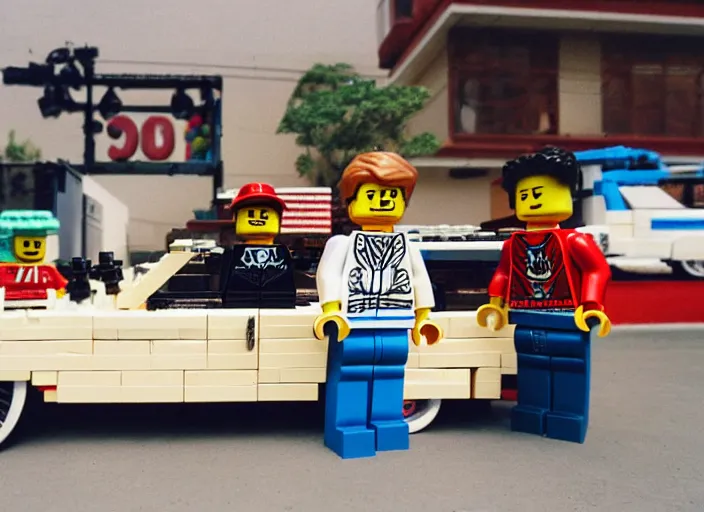 Image similar to nwa in front of a lowrider made by lego