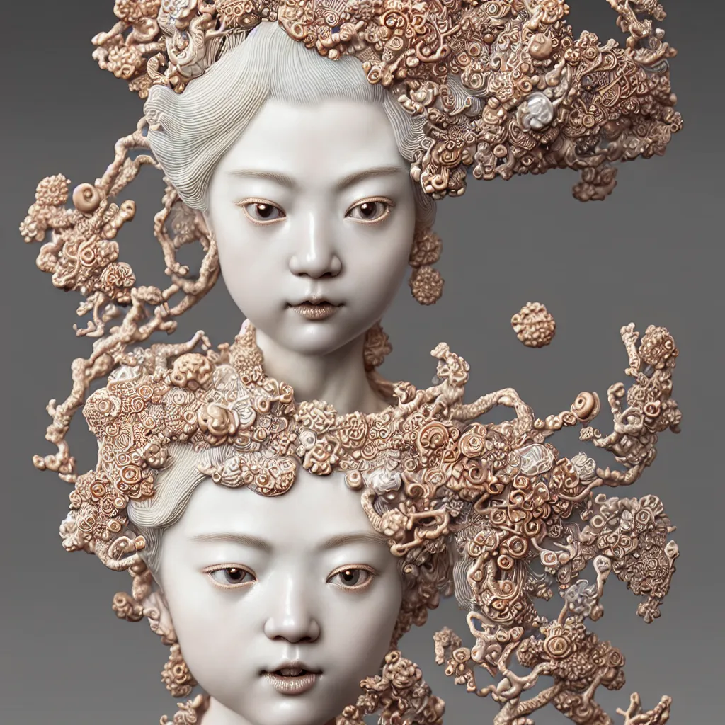Prompt: A Close up photo-real delicate ceramic porcelain sculpture of an ornate detailed blond girl in front of a intricate background by Victo Ngai and takato yamamoto, micro detail, backlit lighting, face in focus, subsurface scattering, translucent, thin porcelain, octane renderer, colorful, physically based rendering, japanese pottery, trending on cgsociety