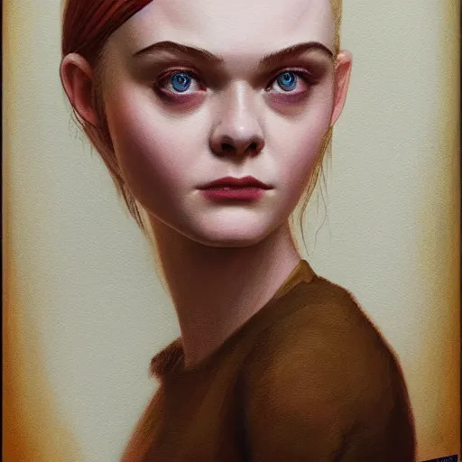 Image similar to professional painting of Elle Fanning in the style of Gerald Brom, head and shoulders portrait, symmetrical facial features, smooth, sharp focus, illustration, intricate, stormy weather, extremely detailed masterpiece,