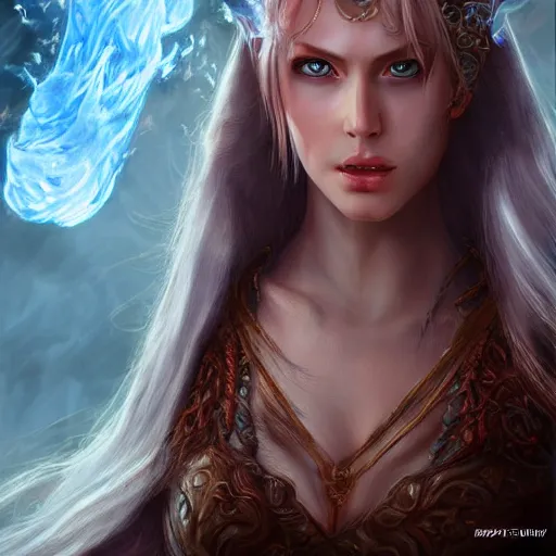 Prompt: the picture of a beautiful woman knight, blue eyes, burning fire hairs, epic fantasy art, mystical, mystic atmosphere, mythology, photo realistic, high detail, ultra realistic, hyper realistic, high definiton, 4 k uhd,