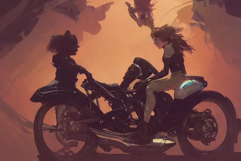 Image similar to a girl is riding a motorbike, digital painting, artstation, the space background,concept art, sharp focus, illustration, art by Krenz Cushart and Artem Demura and alphonse mucha