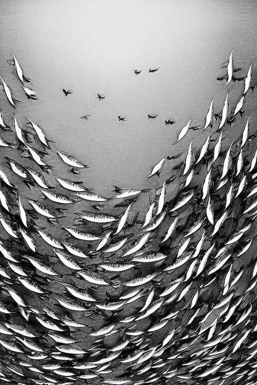 Image similar to a beautiful engraving on paper of a school of mackerel, 8 k, frostbite 3 engine, cryengine, dof, trending on artstation, digital art, crepuscular ray