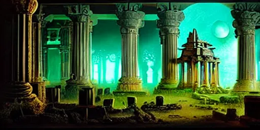 Image similar to beautiful hyperrealistic epic painting of the mysterious intricate clockwork ruins of an ancient temple with advanced alien technology under the moonlight, a green glowing crystal is inside the temple, by hubert robert and lee madwick and bastien lecouffe deharme, dramatic lighting