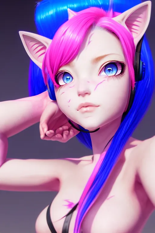 Image similar to a catgirl with pink headphone and blue hair, occlusion shadow, specular reflection, rim light, unreal engine, octane render, artgerm, artstation, art by hiroaki samura and jiro matsumoto and yusuke murata, high quality, intricate detailed 8 k, fantasy illustration, extremely beautiful and aesthetic shape of body