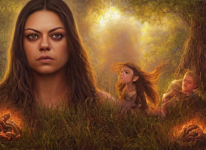 Image similar to big-eyed surprised Mila Kunis staring intensely into the camera, sundown golden hour firefly wisps, Lilia Alvarado, Sophie Anderson, Mark Arian, Bob Byerley, Charlie Bowater, Mark Brooks, Steve Henderson, Justin Gerard, Arthur Hughes, Edward Robert Hughes, Mark Keathley, Victor Nizovtsev, Carlos Shwabe, Ross Tran, WLOP